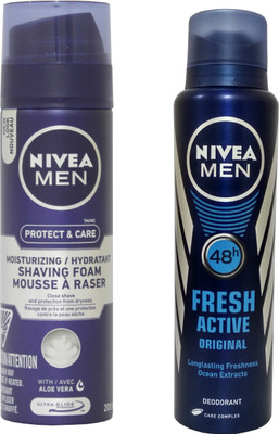 

Nivea Men Protect & care Moisturizing/Hydratant Shaving Foam and Fresh Active Originals Deodorant(Set of 2)