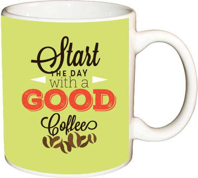 

ShopBuzz Start the day with a gud Green printed coffee Ceramic Mug(350 ml), Multicolor