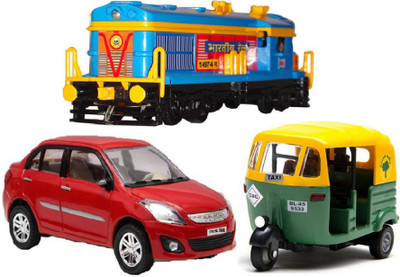 

J H Traders Multicolor Combo of Locomotive Engine,Auto Rikshaw and Dezire Car for kids(Multicolor)