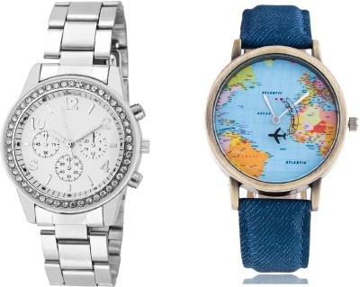 COSMIC WORLD MAP MEN WATCH & Rhinestone Studded Analog WHITE Dial LADIES DIAMOND STUDDED PARTY WEAR Watch  - For Couple   Watches  (COSMIC)