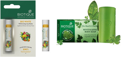 

Biotique Bio White Lip Balm 5g pck 1 and Basil Soap-150g.pack of 3(Set of 2)