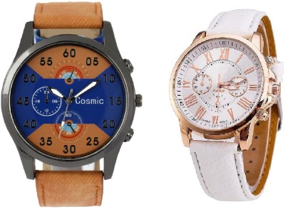 COSMIC ARTIFICIAL CHRONOGRAPH DIAL LIGHT BROWN JEANS STRAP MEN WATCH WITH GENEVA PLATINUM WHITE LEATHER LADIES PARTY WEAR Watch  - For Couple   Watches  (COSMIC)