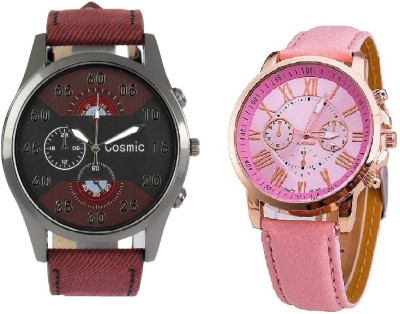 COSMIC ARTIFICIAL CHRONOGRAPH DIAL MAROON JEANS STRAP MEN WATCH WITH GENEVA PLATINUM PINK LEATHER STRAP LADIES Watch  - For Couple   Watches  (COSMIC)