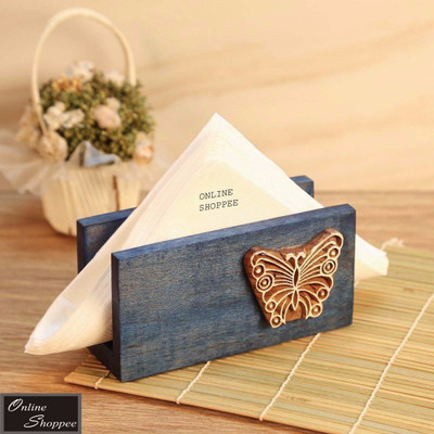 

Onlineshoppee 1 Compartments Butterfly Engraved Block Wood Napkin Holder(Blue)