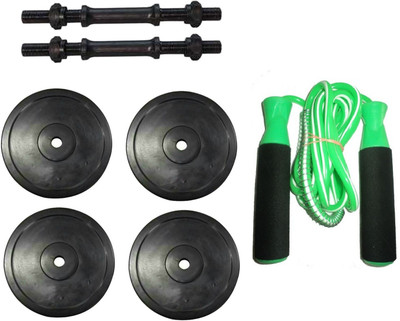 

HEALTH FIT INDIA PAIR OF DUMBELL RODS ALONG WITH 4 WEIGHT PLATES AND BEARING GREEN COLOR SKIPPING ROPE Gym & Fitness Kit