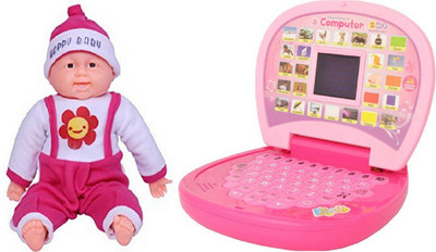

MN OVERSEAS Combo of English Learning Laptop with Laughing Stuffed toy for kids(Pink)