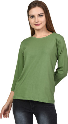 KALT Casual 3/4 Sleeve Solid Women Green Top