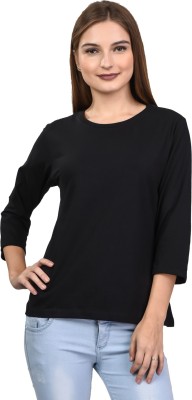 KALT Casual 3/4 Sleeve Solid Women Black Top