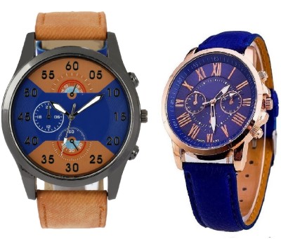 SOOMS ARTIFICIAL CHRONOGRAPH DIAL LIGHT BROWN JEANS STRAP MEN WATCH WITH GENEVA PLATINUM BLUE LEATHER LADIES PARTY WEAR Watch  - For Couple   Watches  (Sooms)