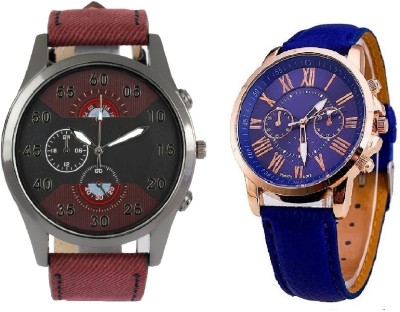 SOOMS ARTIFICIAL CHRONOGRAPH DIAL MAROON JEANS STRAP MEN WATCH WITH GENEVA PLATINUM BLUE LEATHER LADIES PARTY WEAR Watch  - For Couple   Watches  (Sooms)