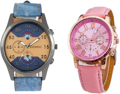 COSMIC ARTIFICIAL CHRONOGRAPH DIAL BLUE JEANS STRAP MEN WATCH WITH GENEVA PLATINUM PINK LEATHER STRAP LADIES PARTY WEAR Watch  - For Couple   Watches  (COSMIC)