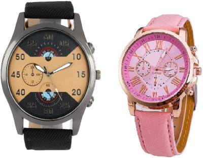 SOOMS ARTIFICIAL CHRONOGRAPH DIAL BLACK JEANS STRAP MEN WATCH WITH GENEVA PLATINUM PINK LEATHER STRAP LADIES PARTY WEAR Watch  - For Couple   Watches  (Sooms)