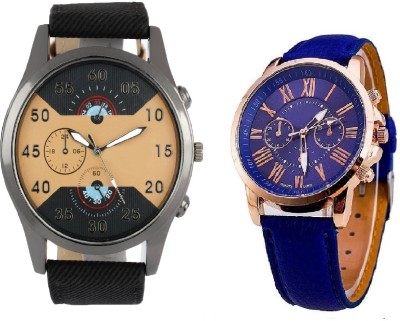SOOMS ARTIFICIAL CHRONOGRAPH DIAL BLACK JEANS STRAP MEN WATCH WITH GENEVA PLATINUM BLUE LEATHER LADIES PARTY WEAR Watch  - For Couple   Watches  (Sooms)