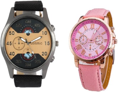 COSMIC ARTIFICIAL CHRONOGRAPH DIAL BLACK JEANS STRAP MEN WATCH WITH GENEVA PLATINUM PINK LEATHER STRAP LADIES PARTY WEAR Watch  - For Couple   Watches  (COSMIC)