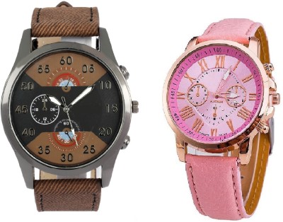 SOOMS ARTIFICIAL CHRONOGRAPH DIAL DARK BROWN JEANS STRAP MEN WATCH WITH GENEVA PLATINUM PINK LEATHER STRAP LADIES PARTY WEAR Watch  - For Couple   Watches  (Sooms)