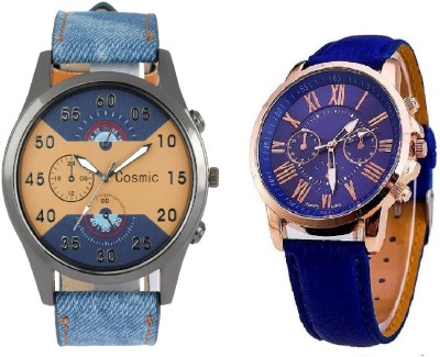 COSMIC ARTIFICIAL CHRONOGRAPH DIAL BLUE JEANS STRAP MEN WATCH WITH GENEVA PLATINUM BLUE LEATHER STRAP LADIES PARTY WEAR Watch  - For Couple   Watches  (COSMIC)