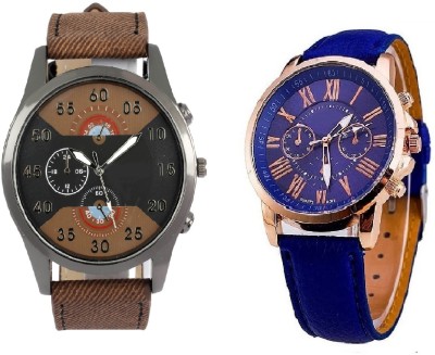 SOOMS ARTIFICIAL CHRONOGRAPH DIAL DARK BROWN JEANS STRAP MEN WATCH WITH GENEVA PLATINUM BLUE LEATHER LADIES PARTY WEAR Watch  - For Couple   Watches  (Sooms)