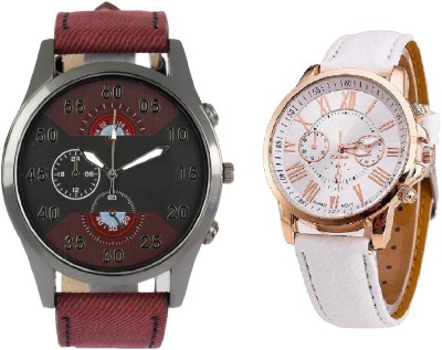 SOOMS ARTIFICIAL CHRONOGRAPH DIAL MAROON JEANS STRAP MEN WATCH WITH GENEVA PLATINUM WHITE LEATHER STRAP LADIES PARTY WEAR Watch  - For Couple   Watches  (Sooms)