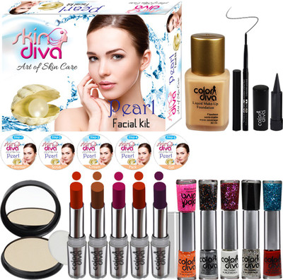 

ColorDiva Makeup Combo Sets With Skin Diva Skin Care Facail Kit-80g Pack of 19 Pc(Set of 19)