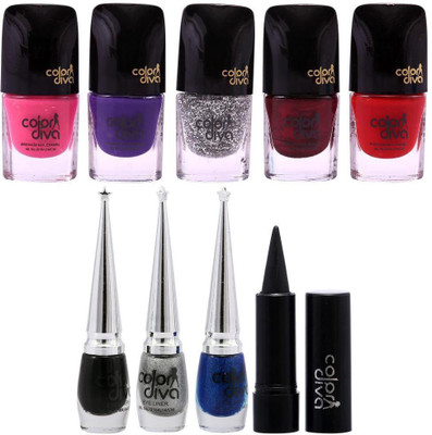 

ColorDiva Diwali Sepecial 5pc Nail Paint, 3Pc Eyeliner & 1 Kajal-By Color Diva(Set of 9)