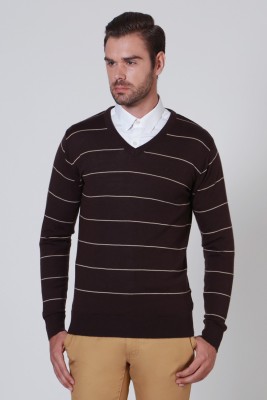 Allen Solly Striped V Neck Casual Men Brown Sweater