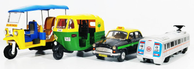 

Jack Royal Set of 4 Toy City Bus, Train Engine,Taxi and Tuk Tuk Auto(Pull Back toy)(Multicolor)