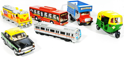 

Jack Royal Set of 6 Toy City Bus, Train Engine,Taxi, Auto,Metro and Tuk Tuk Auto(Pull Back toy)(Multicolor)