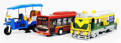 

Jack Royal Set of 3 Toy City Bus, Train Engine and Tuk Tuk Auto(Pull Back toy)(Multicolor)