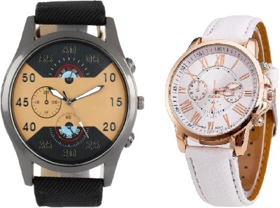 SOOMS ARTIFICIAL CHRONOGRAPH DIAL BLACK JEANS STRAP MEN WATCH WITH GENEVA PLATINUM WHITE LEATHER STRAP LADIES PARTY WEAR Watch  - For Couple   Watches  (Sooms)