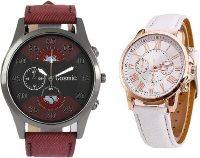 COSMIC ARTIFICIAL CHRONOGRAPH DIAL MAROON JEANS STRAP MEN WATCH WITH GENEVA PLATINUM WHITE LEATHER LADIES PARTY WEAR Watch  - For Couple   Watches  (COSMIC)