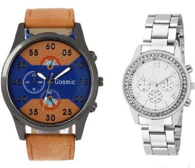 COSMIC ARTIFICIAL CHRONOGRAPH DIAL LIGHT BROWN JEANS STRAP MEN WATCH WITH Rhinestone Studded Analog WHITE Dial GENEVA SERIES DIAMOND STUDDED LADIES PARTY WEAR Watch  - For Couple   Watches  (COSMIC)