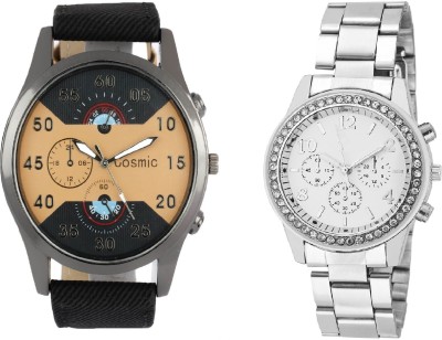 COSMIC ARTIFICIAL CHRONOGRAPH DIAL BLACK JEANS STRAP MEN WATCH WITH Rhinestone Studded Analog WHITE Dial GENEVA SERIES DIAMOND STUDDED LADIES PARTY WEAR Watch  - For Couple   Watches  (COSMIC)