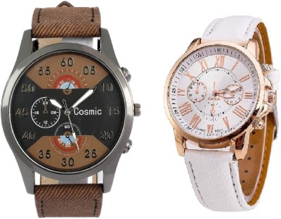 COSMIC ARTIFICIAL CHRONOGRAPH DIAL DARK BROWN JEANS STRAP MEN WATCH WITH GENEVA PLATINUM WHITE LEATHER LADIES PARTY WEAR Watch  - For Couple   Watches  (COSMIC)