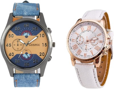 COSMIC ARTIFICIAL CHRONOGRAPH DIAL BLUE JEANS STRAP MEN WATCH WITH GENEVA PLATINUM WHITE LEATHER LADIES PARTY WEAR Watch  - For Couple   Watches  (COSMIC)