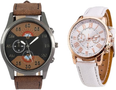 SOOMS ARTIFICIAL CHRONOGRAPH DIAL DARK BROWN JEANS STRAP MEN WATCH WITH GENEVA PLATINUM WHITE LEATHER STRAP LADIES PARTY WEAR Watch  - For Couple   Watches  (Sooms)