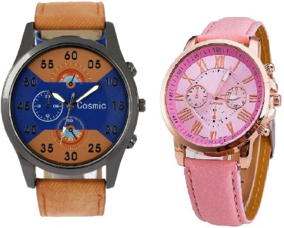 COSMIC ARTIFICIAL CHRONOGRAPH DIAL LIGHT BROWN JEANS STRAP MEN WATCH WITH GENEVA PLATINUM PINK LEATHER STRAP LADIES PARTY WEAR Watch  - For Couple   Watches  (COSMIC)