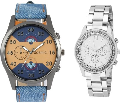 COSMIC ARTIFICIAL CHRONOGRAPH DIAL BLUE JEANS STRAP MEN WATCH WITH Rhinestone Studded Analog WHITE Dial GENEVA SERIES DIAMOND STUDDED LADIES PARTY WEAR Watch  - For Couple   Watches  (COSMIC)