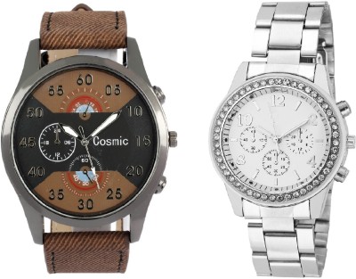 COSMIC ARTIFICIAL CHRONOGRAPH DIAL DARK BROWN JEANS STRAP MEN WATCH WITH Rhinestone Studded Analog WHITE Dial GENEVA SERIES DIAMOND STUDDED LADIES PARTY WEAR Watch  - For Couple   Watches  (COSMIC)