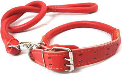 

Sollar's Premium Round Strong Genuine Leather Dog Collar & Leash(, Red