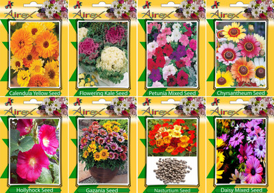 

Airex Calendula Yellow, Flowering Kale, Petunia Mixed, Chyrsantheum, Nasturtium, Daisy Mixed, Hollyhock, and Gazania Seed(15 per packet)