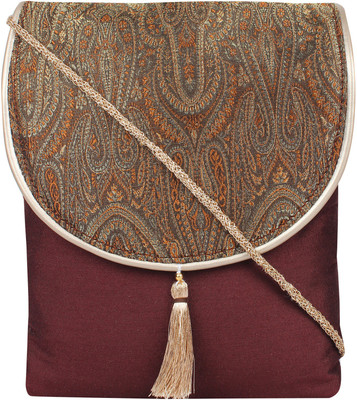 

Anekaant Women Casual Brown, Gold Silk, Brocade Sling Bag