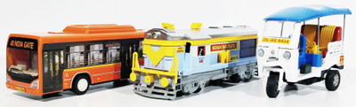 

Jack Royal City Bus, Train Engine and Tuk Tuk Auto(Set of 3 Pull Back toy) (Blue,White,Orange)(White, Orange, Blue), Blue;orange;white