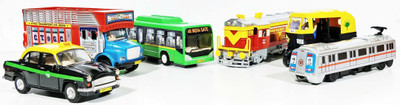 

Jack Royal City Bus, Train Engine,Taxi, Auto,Metro and Tuk Tuk Auto(Set of 6 Pull Back toy) - Type 1(Multicolor)