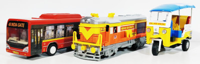

Jack Royal City Bus, Train Engine and Tuk Tuk Auto(Set of 3 Pull Back toy) (Yellow,Red,Orange)(Yellow, Red, Orange), Orange;red;yellow