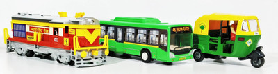 Jack Royal City Bus, Train Engine and Auto(Set of 3 Pull Back toy) (Red,Green,Green)(Red, Green, Green)