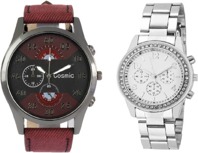COSMIC AARTIFICIAL CHRONOGRAPH DIAL MAROON JEANS STRAP MEN WATCH WITH Rhinestone Studded Analog WHITE Dial GENEVA SERIES DIAMOND STUDDED PARTY WEAR Watch  - For Couple   Watches  (COSMIC)