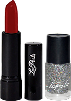 

La Perla Silver Black Sparkle Nail Paint & Crrolla Blood Red Lipstick(Set of 3)
