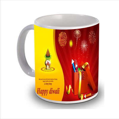 

New Star Light India Kalash Printed Red & Yellow Diwali Coffee Ceramic Mug(350 ml), Multicolor
