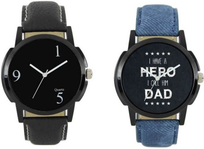 FASHION POOL LOREM MEN'S UNIQUE DIAL FULL BLACK & I HAVE A HERO DAD WATCH COMBO PROFESSIONAL & PARTY WEAR WATCH WITH BLACK & BLUE LEATHER BELTS FOR FESTIVAL COLLECTION Watch  - For Boys   Watches  (FASHION POOL)