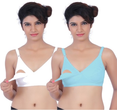 Fabme Feeding Women Maternity/Nursing Non Padded Bra(Light Blue, White)